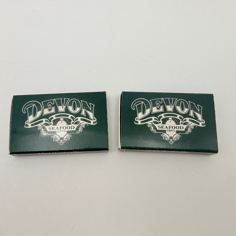 Vintage Devon Seafood Grill Addison Texas Matchboxes Set of 2 Forest Green White